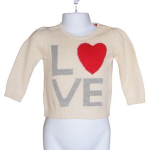 BABY GAP Sweater, 6-12M, Cream/Grey Text, Love, 2 button shoulder, Red Heart